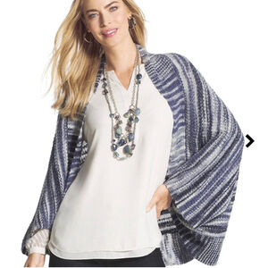 Chico's Cozy Colleen Cocoon Sweater Blue White Striped Cardigan One Size